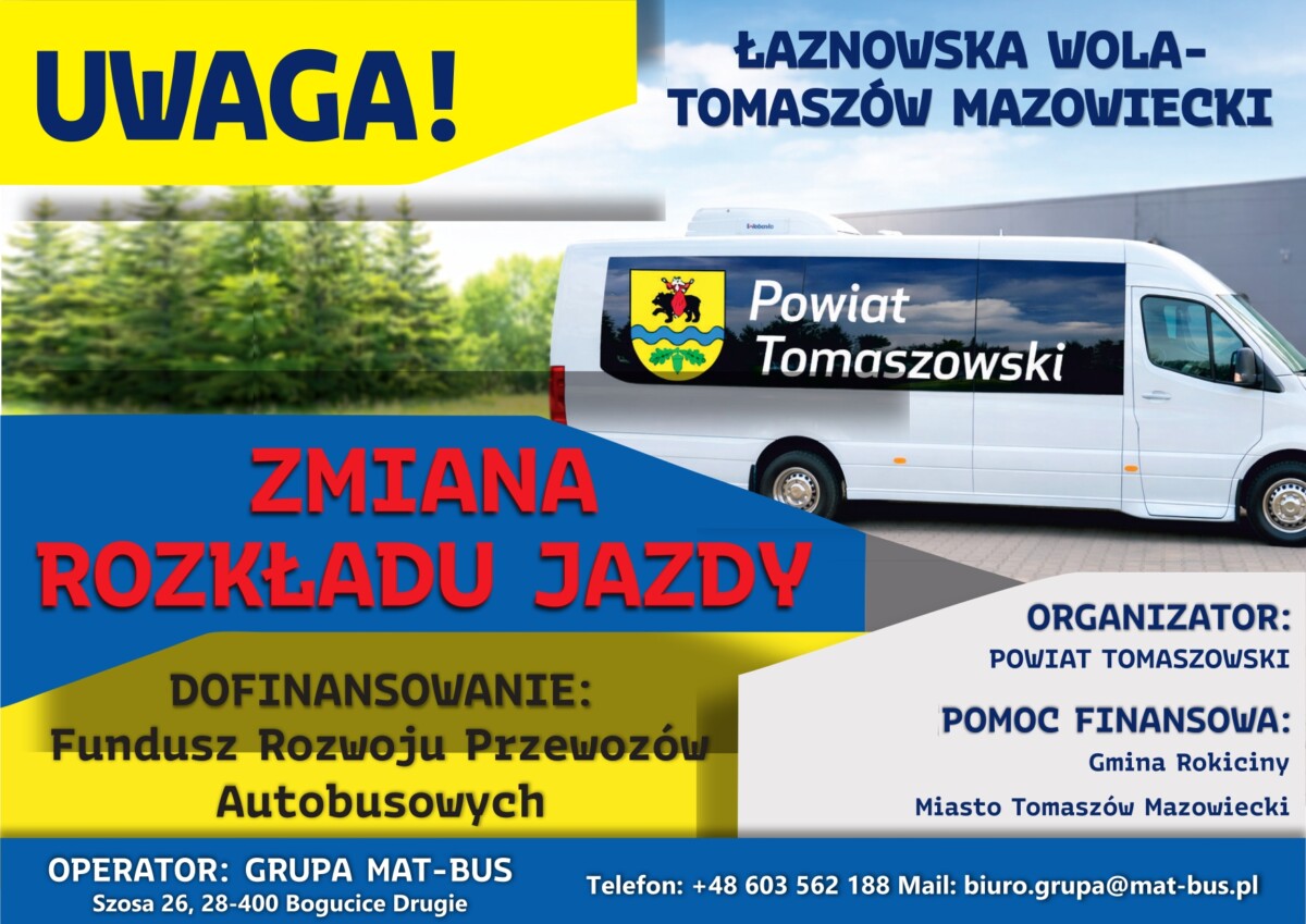 Od 01 kwietnia 2026 r. ZMIANA ROZKŁADU JAZDY na linii Łaznowska Wola- Tomaszów Mazowiecki