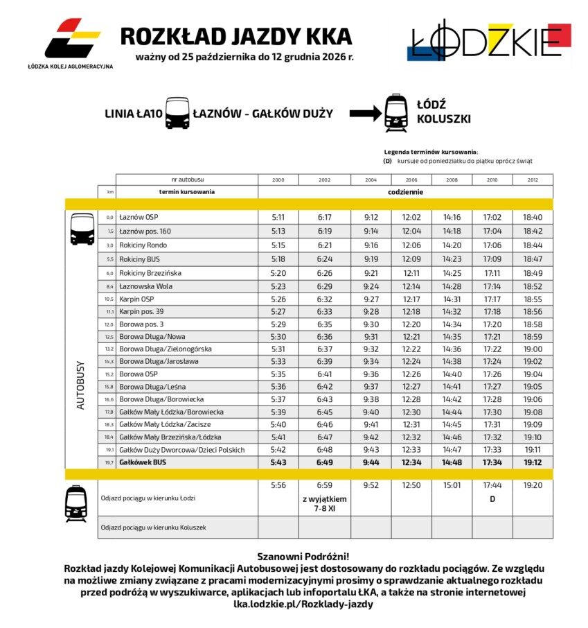 Rozkład jazdy KKA ważny od 25 października do 12 grudnia 