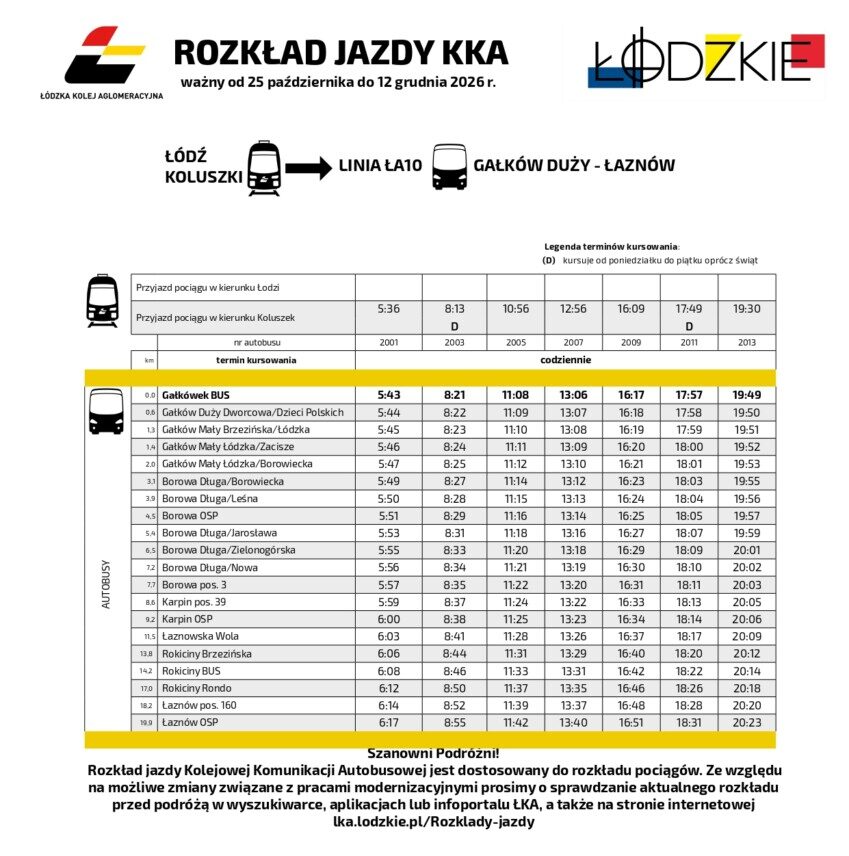 Rozkład jazdy KKA ważny od 25 października do 12 grudnia